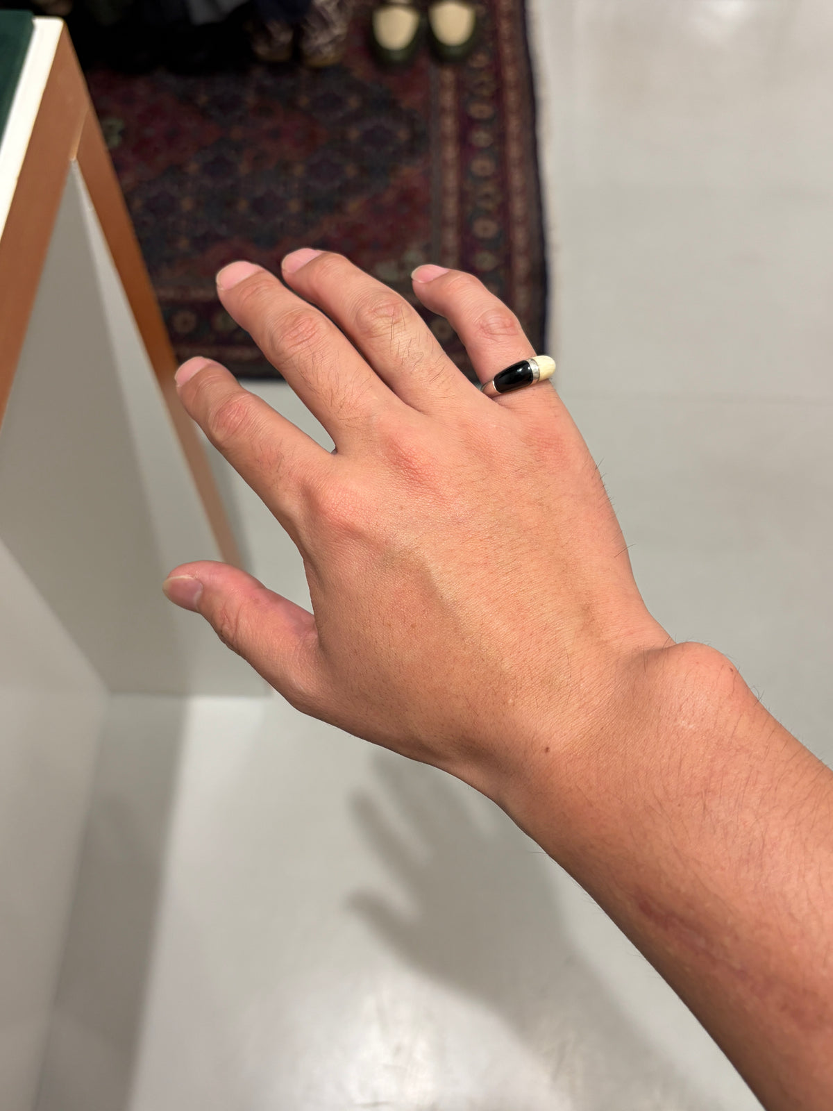 French 1980s silver black stone & bone ring