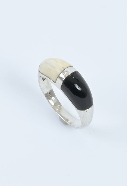 French 1980s silver black stone & bone ring