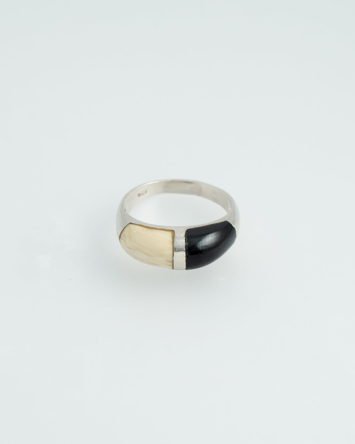 French 1980s silver black stone & bone ring